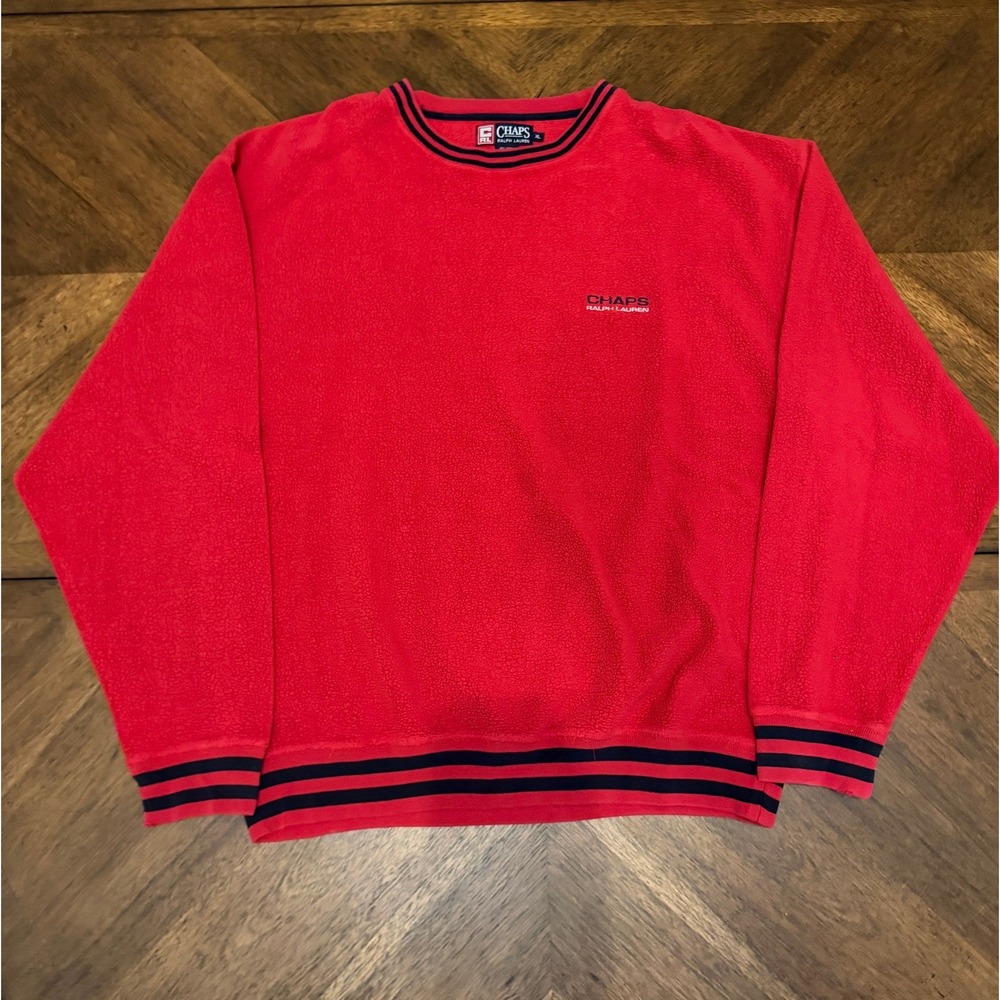 Vintage Chaps Ralph Lauren‎ Sweatshirt Mens XL Red Fleece Crewneck Striped Trim